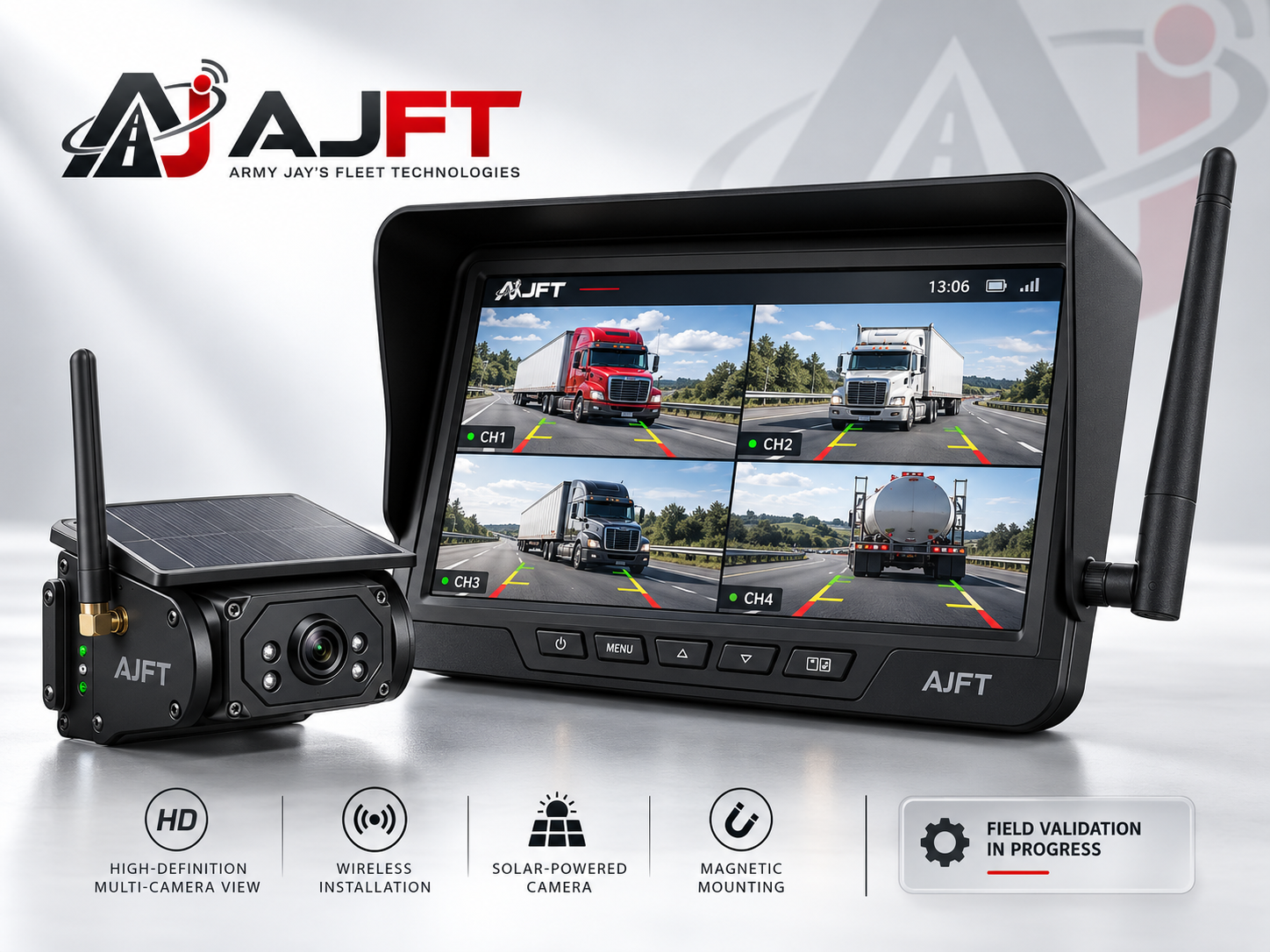 Army Jay's Fleet Services wireless solar backup camera system product visual